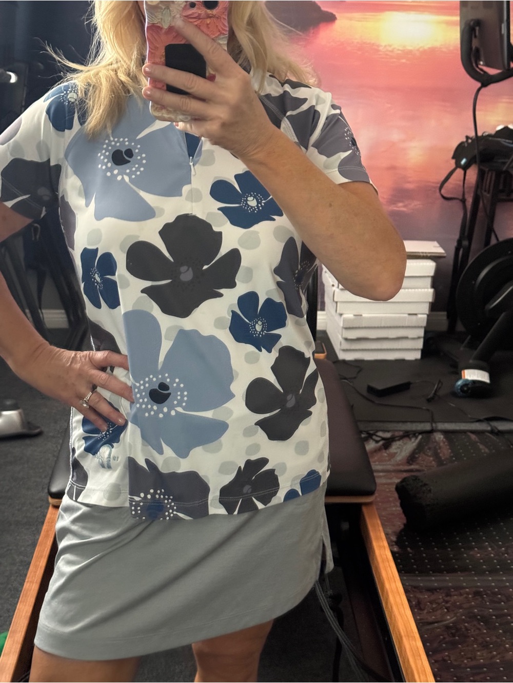 PIckleball Outfit Floral Print Short Sleeve Blue & Gray Top and Gray Bottoms